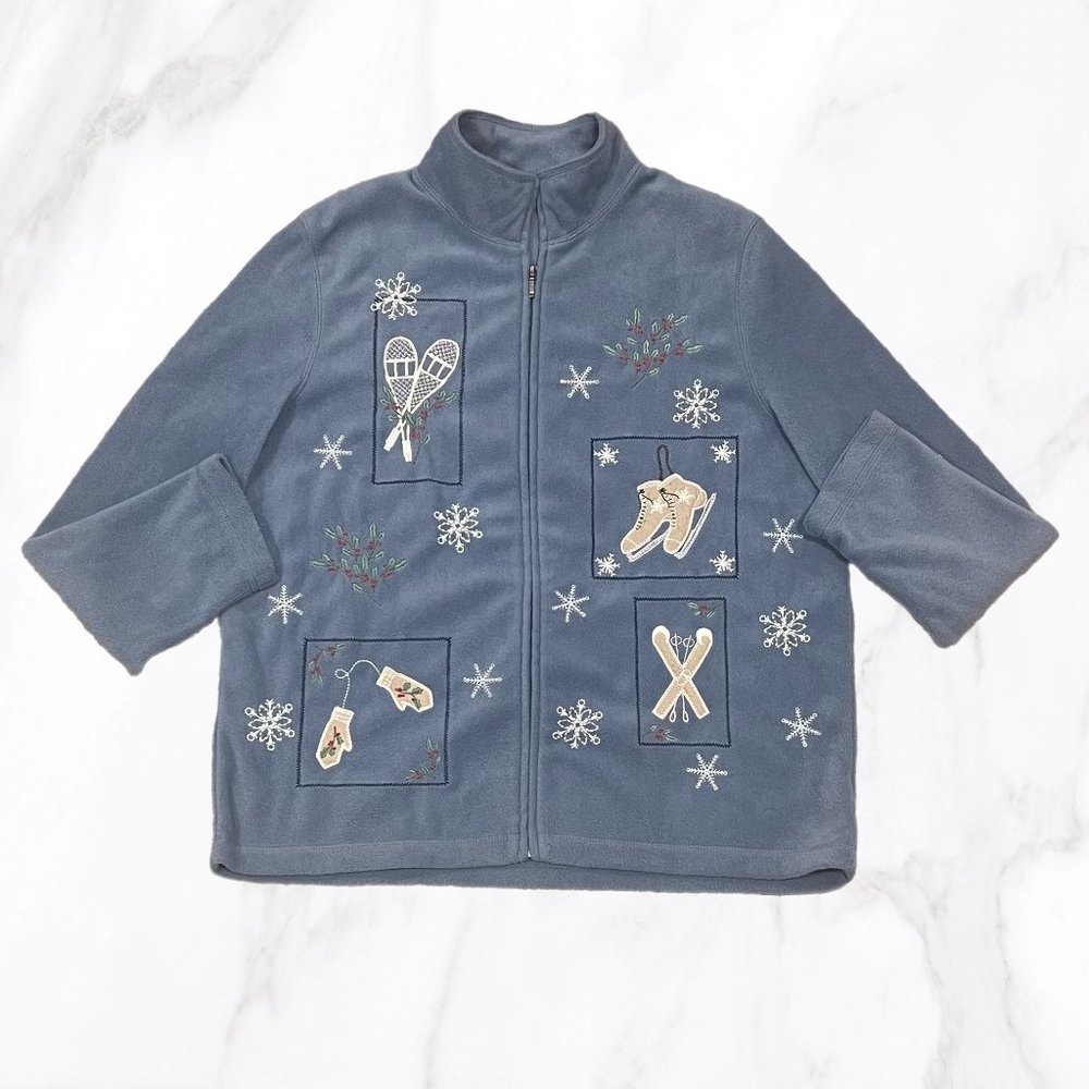 Croft‎ & Barrow Blue Full Zip Embroidered Ice Skating Fleece Coat, Size L